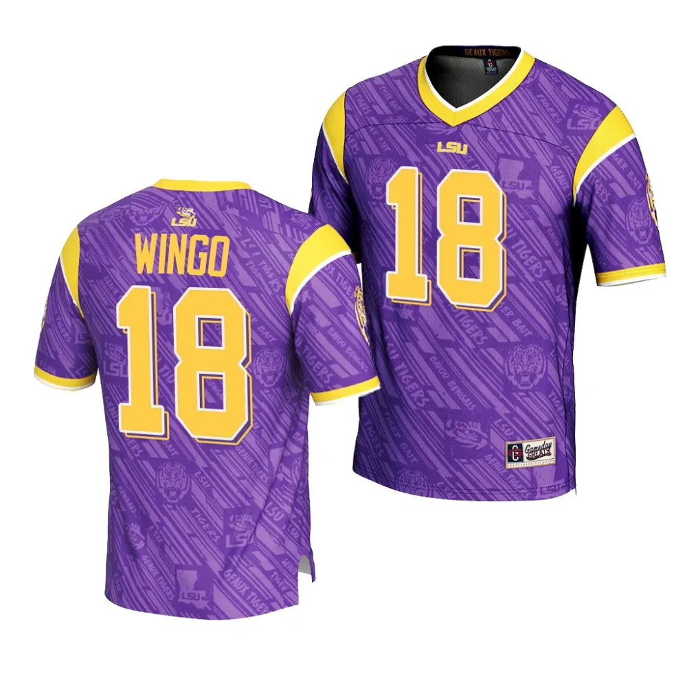 Men's LSU Tigers Mekhi Wingo #18 Purple Highlight Print Fashion NCAA Football Jersey